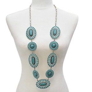 Western Chunky Silver Turquoise Concho Long Necklace